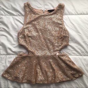 Gold Sequin Peplum Tank with Side Cutouts